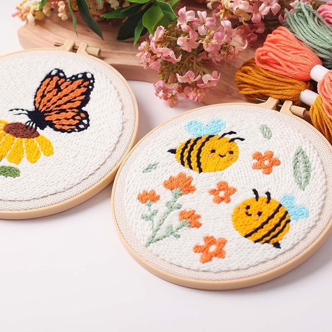 harimau 3pcs beginner embroidery kit,eye pattern,cross stitch kits, including stamped embroidery cloth with 3 embroidery hoops, multicolor color threads for embroidery kit (green)