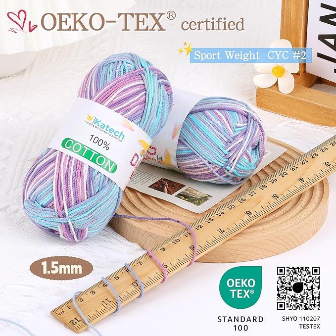 Katech Pure Cotton Yarn for Crocheting & Knitting–Soft Sport Weight CYC #2, 6 Skeins (50g Each, 300g Total), Ideal Crochet Yarn for Dishcloths, Baby Clothes, Socks, Lightweight Scarves（Ocean Aurora）