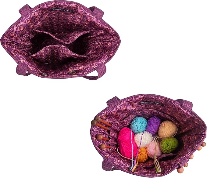 Linen Knitting Project Tote Bag,Portable Yarn Storage Bag for Crochet Accessories/Needles,Crochet Hooks Organizer,Knitting Bag for Crochet Lovers (Purple)