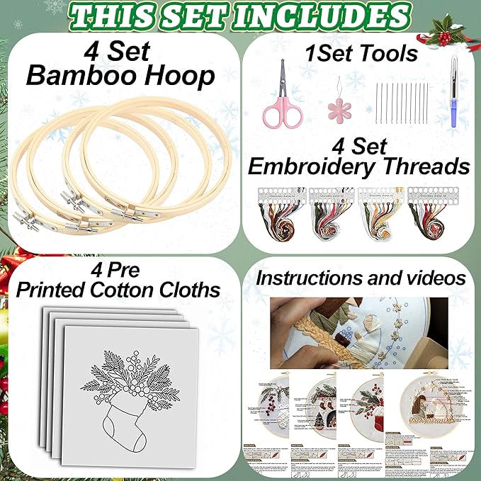 QBQBQ 4 Sets Christmas Embroidery Kit for Beginners, Embroidery Kits for Adults, Cross Stitch Kits for Beginners with Pattern, Needles, Threads, Bamboo Hoops, Tools