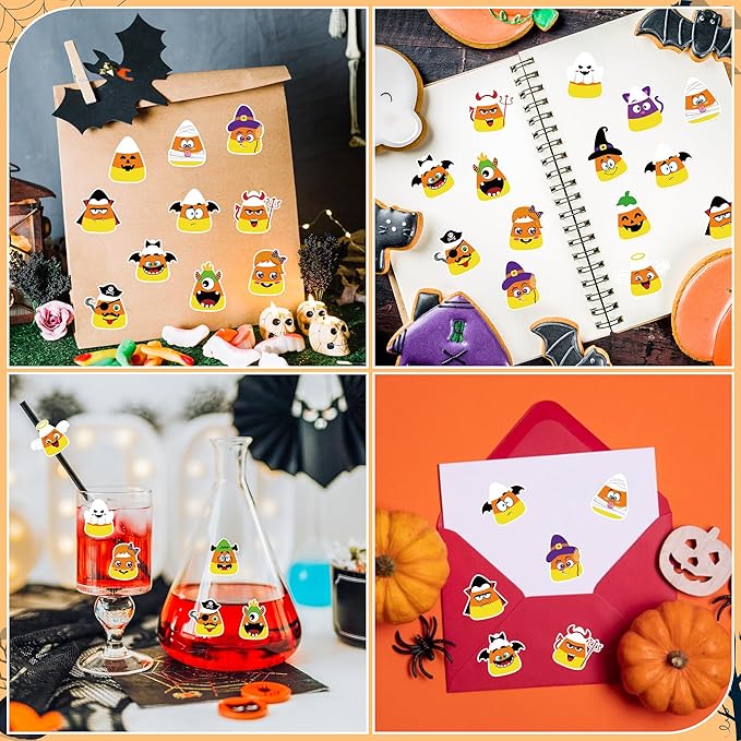 beyumi halloween candy corn stickers - 1000pcs cute cartoon halloween character stickers in 2 rolls with funny expression waterproof vinyl decal for party school classroom envelope gift decor