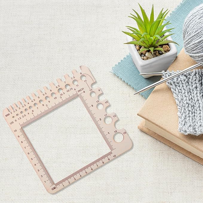 XLIUAX Wooden Rulers, Crochet Stitch Counter Spinner Yarn Measure Needle Gauge Swatch Ruler for Knitting Crochet Gauge Measuring Tool Poplar Square Measuring Tool Multi-Size Holes for Needles(A)