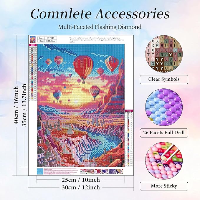 Diamond Art Kits for Adults Hot Air Balloon, 5D Sunset Landscape Diamond Painting Kits for Beginners, DIY Mountains Lake Full Round Dots Drill Gem Art Kit for Gift Home Wall Decor 12 x 16 Inch