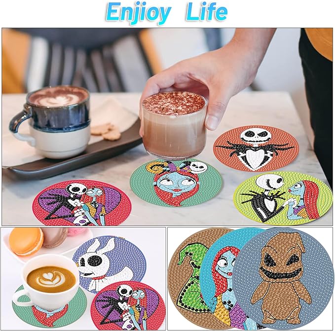 8Pcs Diamond Painting Coasters with Holder,DIY Halloween Life Coaster Diamond Art Kits for Adults, Full Drill Rhinestone Painting Kits for Adults & Kids,Beginners Art Craft Supplies