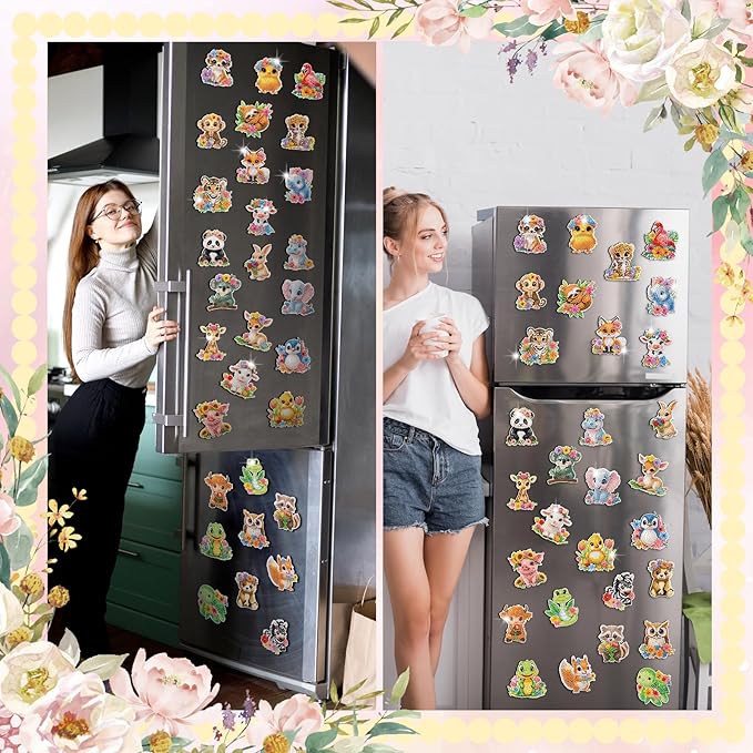 Xuhal 30 Pcs Spring Animal Diamond Painting Magnets Watercolor Flower Animal Diamond Art Magnet Kits for Adults 5D Rhinestone Elephant Tiger Refrigerator Magnetic Sticker for DIY Crafts Fridge Gifts