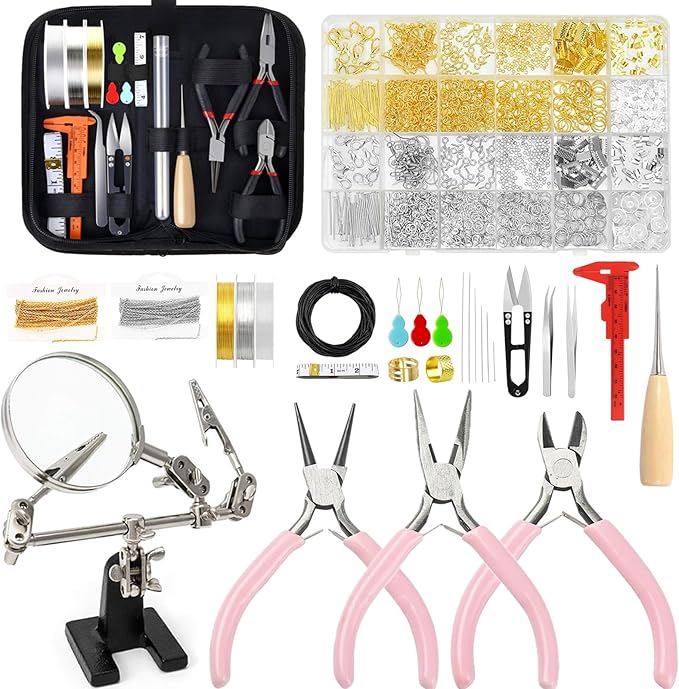 EUIQUE Jewelry Making Supplies Kits Repair Tools for Adults with Pliers, Wires, Necklace Chains, Findings and Helping Hands, Pink