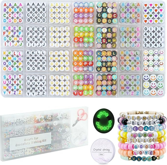 1400 Pcs Letter Beads Kit, 28 Styles White Acrylic Alphabet Beads Letter Beads for Jewelry Making wiht Number Beads Heart Beads Friendship Bracelet Kit