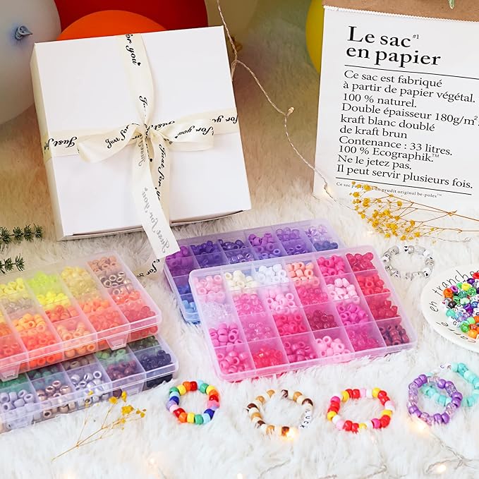 QUEFE 96 Colors 3000pcs Pony Beads Bracelet Making Kit Friendship Bracelet Kit Rainbow Kandi Beads with Letter and Heart Beads Elastic Threads for Jewelry Necklace Making