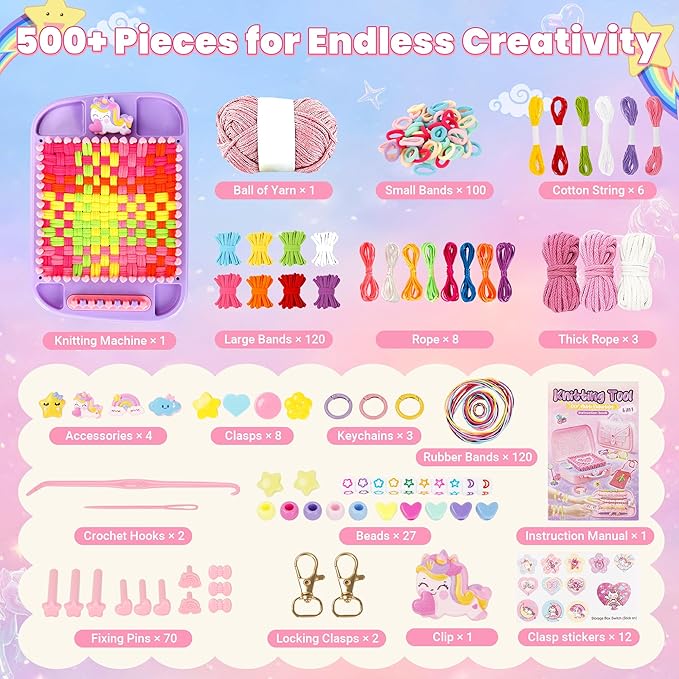 6-in-1 Friendship Bracelet Making Kit, 500+ PCS DIY Bracelet Kit with Weaving Loom, DIY Gifts Ideas for Girls Ages 8-12 Craft Maker Toys Set to Make Bracelets Potholders Pendants Bags Hats Scarves