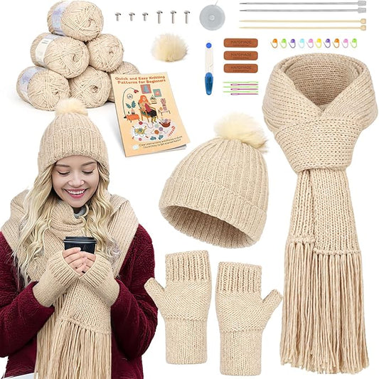 katech beginner knitting kit - learn to knit kit for adults & kids - complete hat, scarf, gloves starter kit with step-by-step instructions