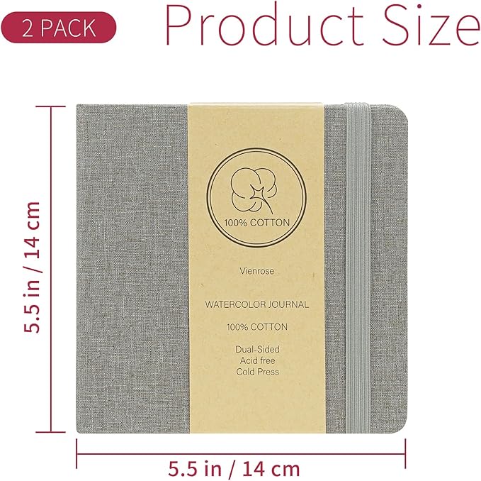 Vienrose 2 Pack Watercolor Sketchbook, 5.5"x5.5" Watercolor Journal with 24 Sheets 140 LB (300 GSM) 100% Cotton Watercolor Paper, Grey Linen Cover Water Coloring Sketch Book