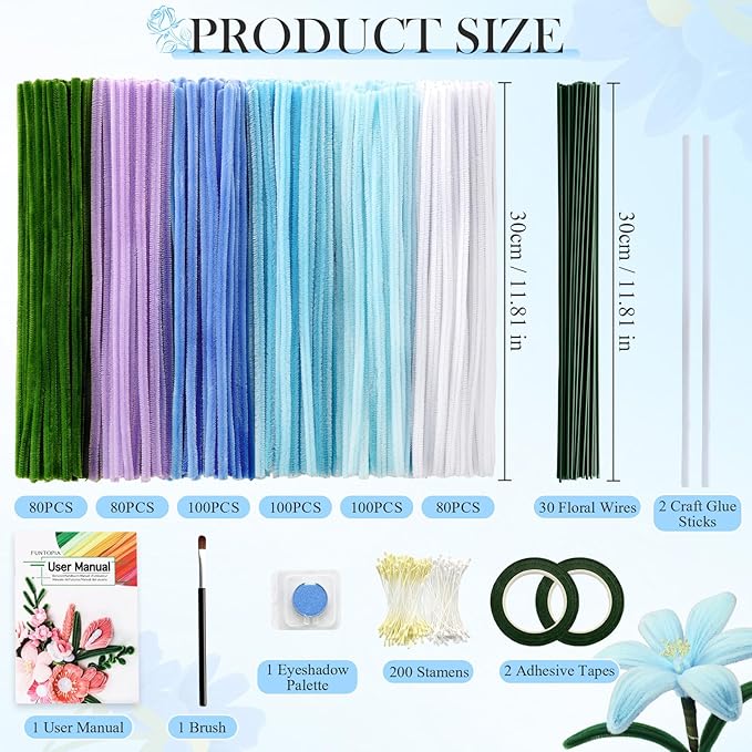 Funtopia Pipe Cleaner Flowers, 540 Pcs Pipe Cleaners Flower Kit, 6 Assorted Colors Pipe Cleaners Bulk with Instruction, Chenille Stems for DIY Flower Making Kit (Blue, 12in x 7mm)