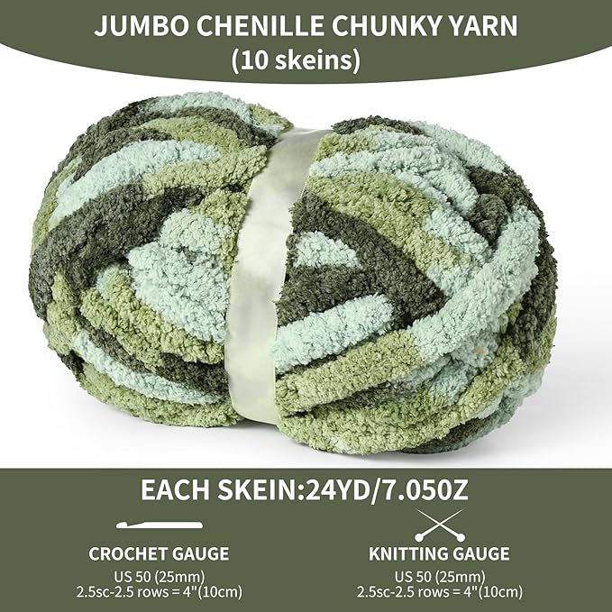 10 Pack Jumbo Chunky Yarn for Hand Knitting, Fluffy Variegated Chunky Chenille Yarn for Crocheting, 240yds/70.5oz Super Bulky Soft Crochet Baby Blanket Yarn(Forest Green)