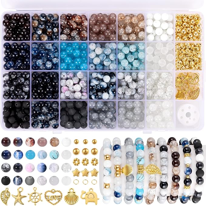 funtopia 8mm glass beads, neutral colors round marble loose beads for men women, jewelry making supplies with spacer bead and charms, diy bracelets earrings necklaces crafts (24 colors)