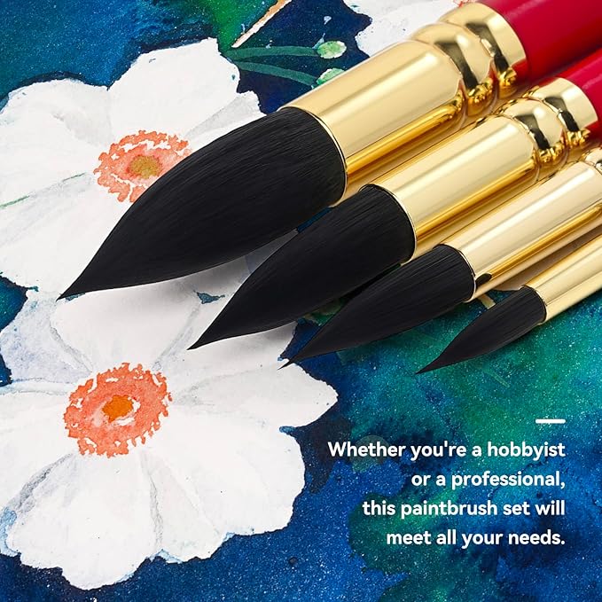 Paul Rubens Watercolor Brushes Set, Synthetic Squirrel Hair Paint Brushes kit for Artists, Adults and Hobbists, Pointed Round Brushes for Watercolor, Gouache,4 Pcs （#0#2#4#6）