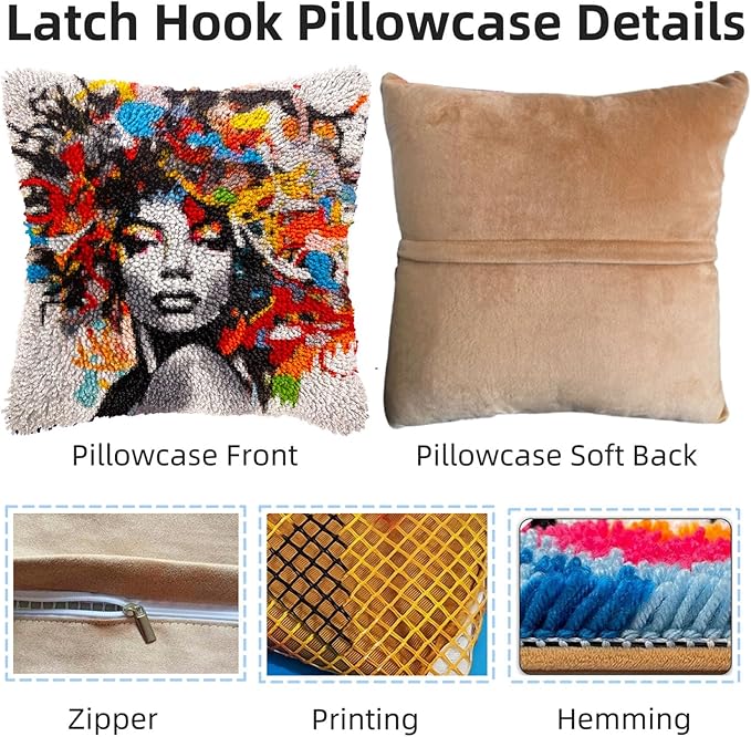 Graffiti Abstract African Woman DIY Latch Hook Pillow Kits for Adults Printed Pillowcase Crochet Yarns Hooking Handmade Pillow Cover Cushion for Home Sofa Decoration 17x17inch(1)