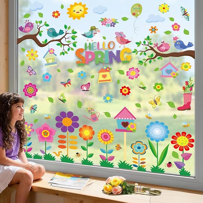 9 sheets spring window clings for glass windows, hello spring stickers decals decor for kids, summer decorations for classroom, home, office
