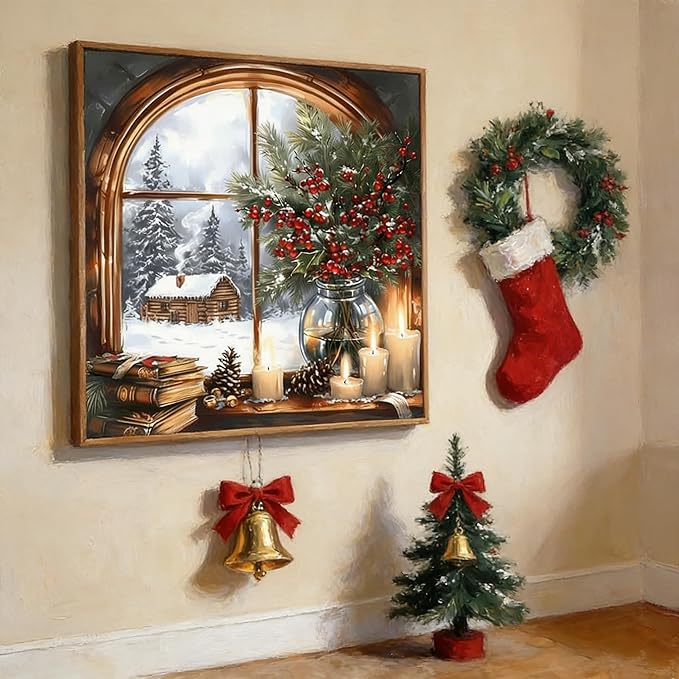 DIYDECORFUN Christmas Window Diamond Art Kits for Adults, Winter 5D Xmas Diamond Painting Kit for Beginner, DIY Full Drill Paint with Diamond Dot Gem Painting for Decor Gift14 x14 Inch