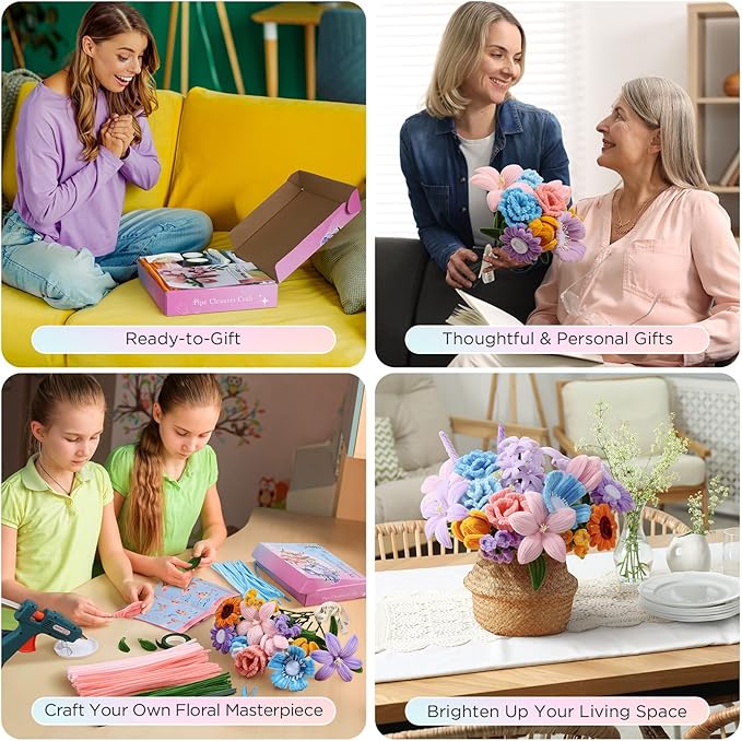 Pipe Cleaner Flower Kit, 540Pcs Pipe Cleaners Craft with 15 Designs Guiding Book, Flower Making Kit with Chenille Stems & Floral Wires, DIY Bouquets and Party Decorations (Multicolor, 12in x 7mm)