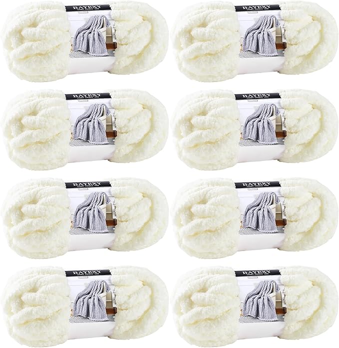 Chunky Chenille Yarn for Hand Knitting 8 Jumbo Pack Jumbo Chunky Yarn for Hand Soft Blanket Knitting, Bulky Thick Fluffy Yarn for Crocheting (Milky White)