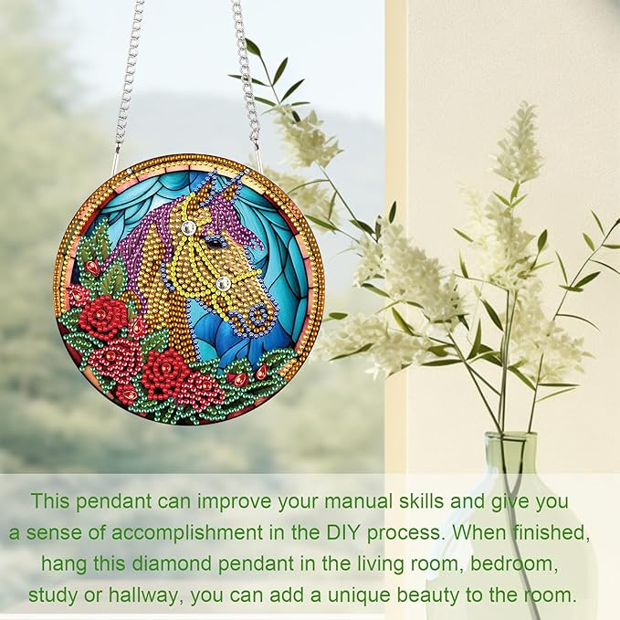 LazyFold Hanging Ornament, Diamond Painting Kits Hanging Pendants - DIY Horse Rose 5D Crystal Rhinestone Art, Home Garden Wall Door Birthday Festival Gift