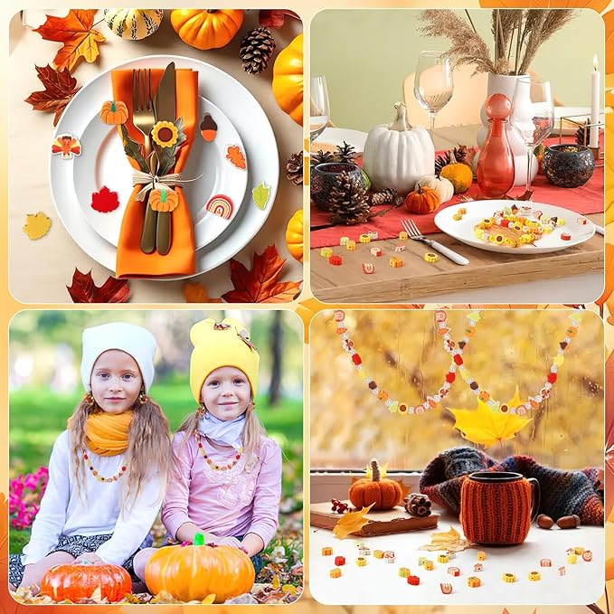 Augshy 300Pcs Fall Clay Beads,Thanksgiving Autumn Polymer Clay Beads for Jewelry Making Fall Colored Bracelet Making Kit Maple Leaves Pumpkin Pine Cone Turkey Bead for Bracelets Necklaces Earrings