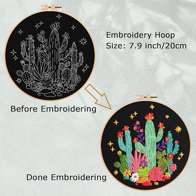 Louise Maelys Cactus Embroidery Kits for Beginners, DIY Cross Stitch Starter Craft Kits for Adults Including Embroidery Cloth with Pattern, Hoop, Needles Instruction and Threads