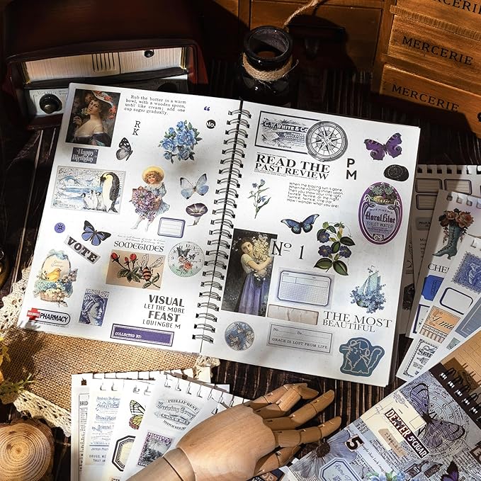 Pre-Cut Vintage Ephemera Washi Scrapbook Sticker Book for Scrapbooking - 50 Sheets Blue Journaling Dark Academia Stickers for Junk Journal Scrap Book Supplies Arts Frame Album, 473PCS