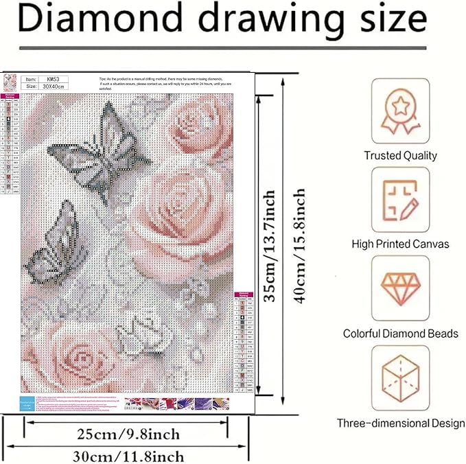 BYGFHLYW 5D Diamond Painting Kits for Adults, Butterfly Rose Flower Diamond Art Kits for Adults Beginner, DIY Full Drill Diamond Dot Gem Painting for Home Wall Decor 12x16inch