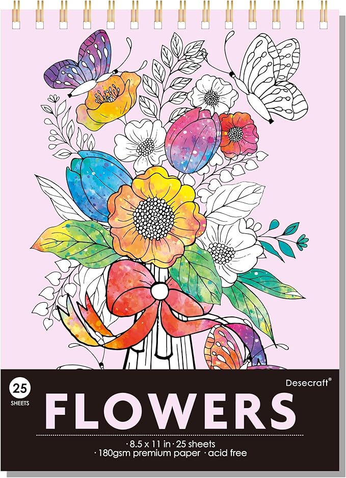 DESECRAFT Flower Coloring Book for Adults Relaxation - Spiral Bound Adult Coloring Book, Anxiety Relief & Stress Relief Gifts for Women 8.5" x 11" Tear Out Pages