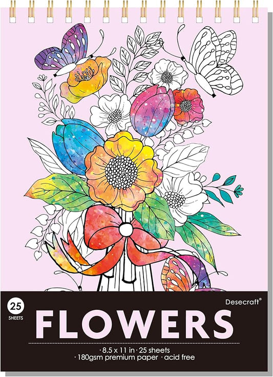 DESECRAFT Flower Coloring Book for Adults Relaxation - Spiral Bound Adult Coloring Book, Anxiety Relief & Stress Relief Gifts for Women 8.5" x 11" Tear Out Pages