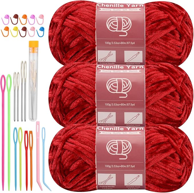 LUNARM Chenille Yarn for Crocheting Knitting, 3 Skein 263 Yard Thick Soft Chunky Fluffy Weaving Plush Yarn for Blankets Clothes Pattern Creations with Big Eye Needles (Dark Red)