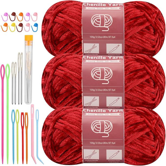 LUNARM Chenille Yarn for Crocheting Knitting, 3 Skein 263 Yard Thick Soft Chunky Fluffy Weaving Plush Yarn for Blankets Clothes Pattern Creations with Big Eye Needles (Dark Red)