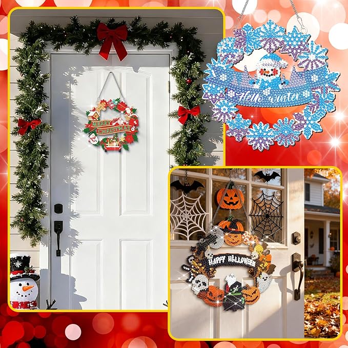 Cinnvoice 12 Pcs Seasonal Diamond Art Wreath Kits Holiday 5d DIY Diamond Art Hanging Signs Winter Spring Ornaments for Wall Door Decoration(Wreath)