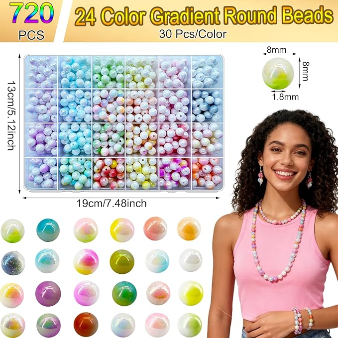 720Pcs 8mm Acrylic Round Beads for Jewelry Making, 24 Colors Pastel Two Tone Round Bead for Bracelets Making Kit Candy Plastic Bubble Gum Beads Loose Beads Bulk for DIY Necklace Crafts Phone Charm