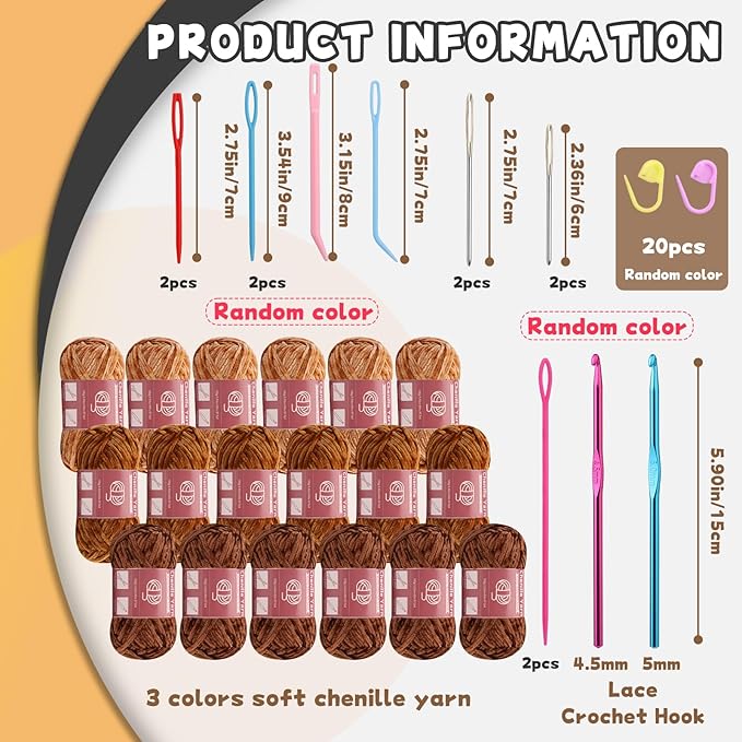 LUNARM 18 Skeins Chenille Yarn for Crocheting, Handmake Weaving Thick Soft Chunky Yarn for Blankets Clothes Crochet Craft with Crochet Hooks Needles Stitch Markers,3.53oz/Skein(Brown Series)
