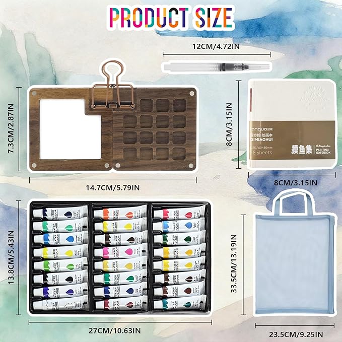 Walnut Wood Mini Watercolor Paint Set-24 Color Pocket Watercolor Set with Brush, Sketchbook and Towel, Complete Portable Watercolor Kit for Artists, Beginners, Students and Urban Sketching (15 Grids)