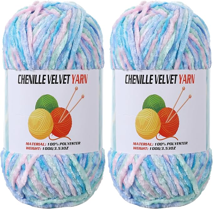 2 * 100g Velvet Chenille Chunky Yarn, Handcrafts Weaving Soft Chenille for Crocheting Clearance, Used for Making Baby Yarn Blanket, Clothes, Knitting Creations (Candy Color)
