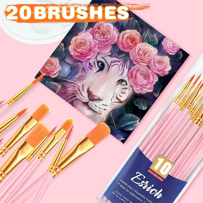 ESRICH Paint Brushes Set, 2 Packs 20 Pcs Acrylic Paint Brush Set, Watercolor Oil Acrylic Nylon Hair Brushes, Artist Paintbrushes for Acrylic Oil Watercolor Painting Artist Professional Kits,Pink