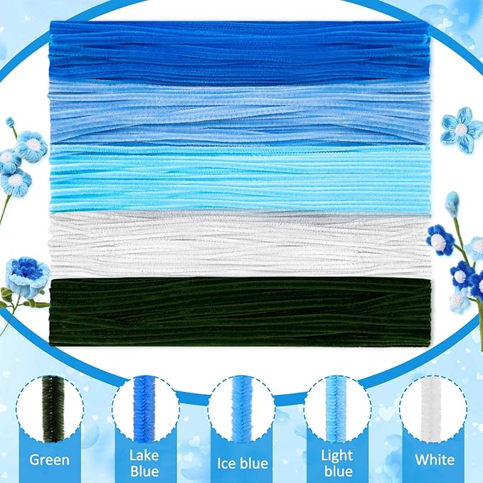Peryiter 371 Pipe Cleaners Flowers Set, Mixed Colors Chenille Stems Bulk with Floral Wires, Gardening Tape, Stamen for DIY Flower Making Kit, Gift Idea for Mother's Day(Blue & Green)
