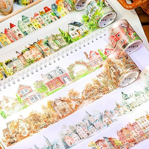 Town Landscape PET Tape Scrapbook Supplies Vintage Town Building Decorative Tape Scrapbook Stickers Aesthetic House Building Washi Tape Stickers For Scrapbooking Junk Journal Journaling Supplies