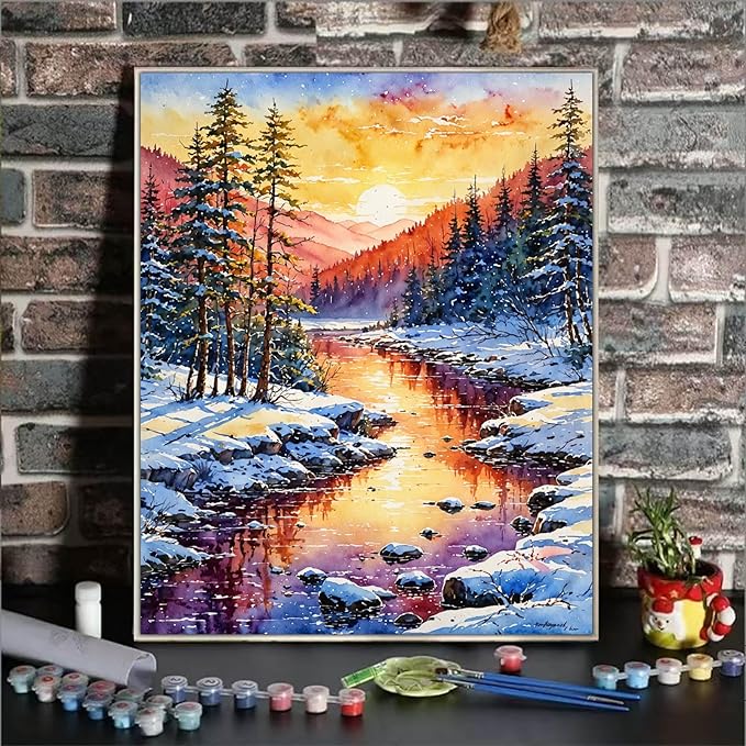 ldazao Paint by Numbers Kit for Adults Beginner, Winter Forest Paint by Number Kits On Canvas Snow Adults' Paint-by-Number Kits DIY Oil Painting Christma Gift Home Wall Decor 16x20 Inch