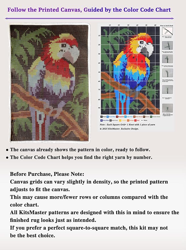 KitsMaster Tropical Parrot Paradise Latch Hook Kit, Bright Macaw Rug Craft for Adults & Beginners, Wall Hanging Craft Kit with Pre-Printed Canvas, Color-Coded Yarn, 23.6''x15.8'' (Tropical Parrot)