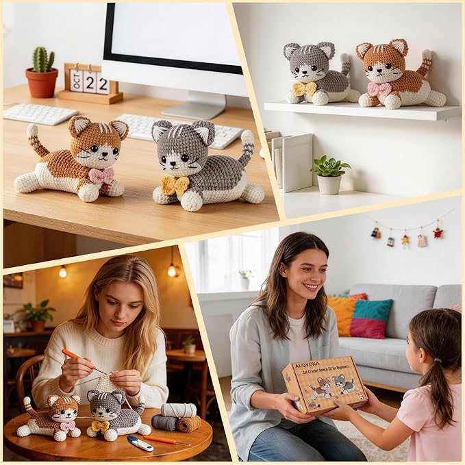 AI.QVOKA Crochet Kit for Beginners Kids Ages 8-12, Learn to Crochet Kit for Adult Beginners | Cat Crochet Animal Kit with Step-by-Step Video Tutorials – Perfect Crochet Gifts for Girls (2 Pack)