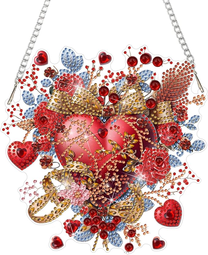 DOMROM Heart Diamond Art Hanging Kits for Adults Beginners, Special Shaped Crystal Diamond Painting Heart Pendant, DIY Diamond Art Suncatchers for Home Garden Wall Decor Gift