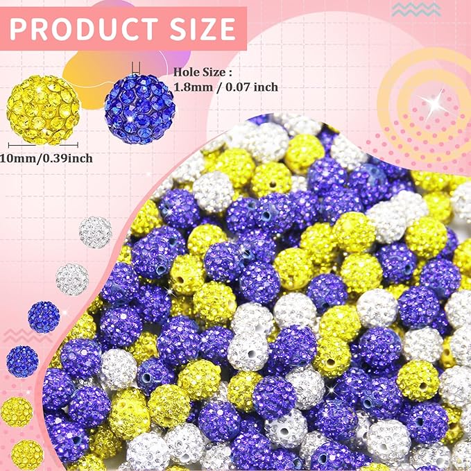 200 Pcs 10mm Rhinestone Beads for Jewelry Making, Blue Yellow White Shiny Round Shamballa Disco Baseball Necklace Beads Sparkle Crystal Clay Pave Rhinestones Bead for Bracelet Earring Keychain Making