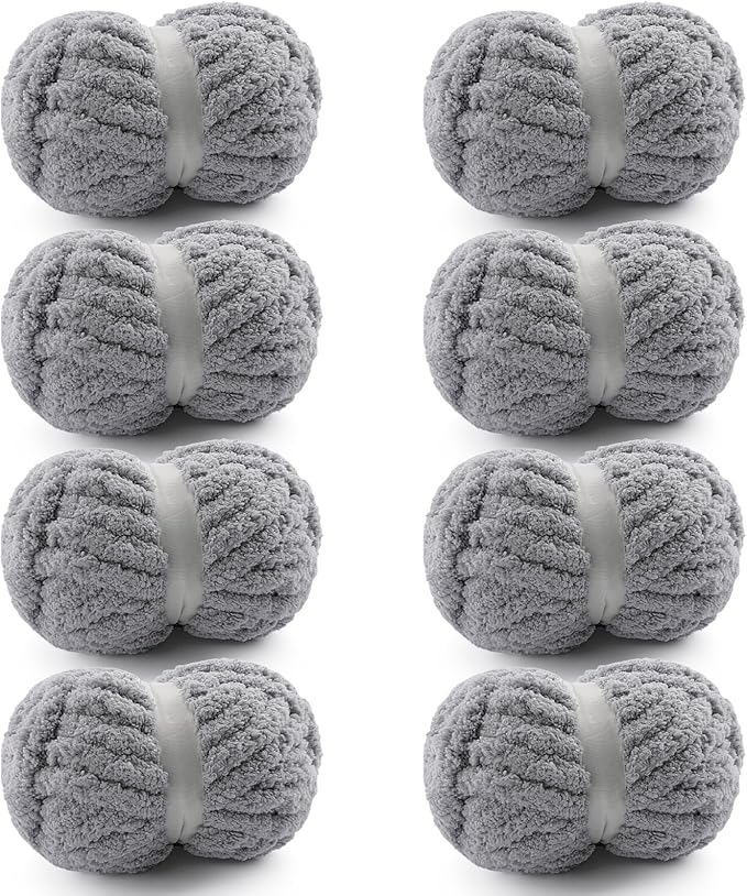 8 Pcs Chunky Yarn for Hand Knitting - Chunky Chenille Yarn for Crocheting - Fluffy Yarn for Crochet - Jumbo Yarn for Hand Knitting 25 yds 7.7 oz of Super Bulky Yarn (Light Gray)