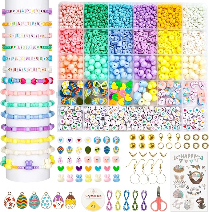 Goldwise 2046 Pcs Easter Beads Bracelet Making Kit with Heart Beads, Colorful Letter Beads, Charms, Candy & Bunny Beads, Stickers and Accessories, DIY Jewelry Craft Kit for Adults