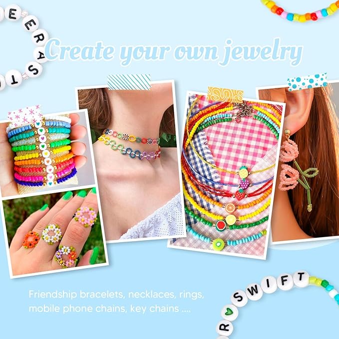 Dowsabel 24 Colors Friendship Bracelet Kit, 10000 Pcs 3mm Glass Seed Beads for Bracelets Making Kit with Letter Alphabet Beads A-Z, 8/0 Craft Bead for Jewelry Making with Needle Cord