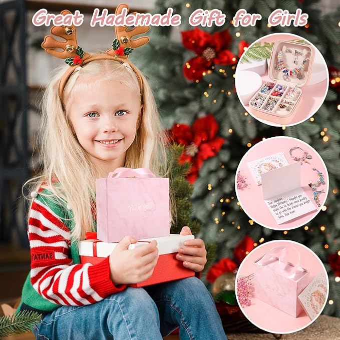 UFU Charm Bracelet Making Kit, 95Pcs Jewelry Making Kit Craft Gift for Girls 5 6 7 8-12, A Sweet Birthday Gift to Inspire Imagination & Creativity, with Portable Jewelry Box